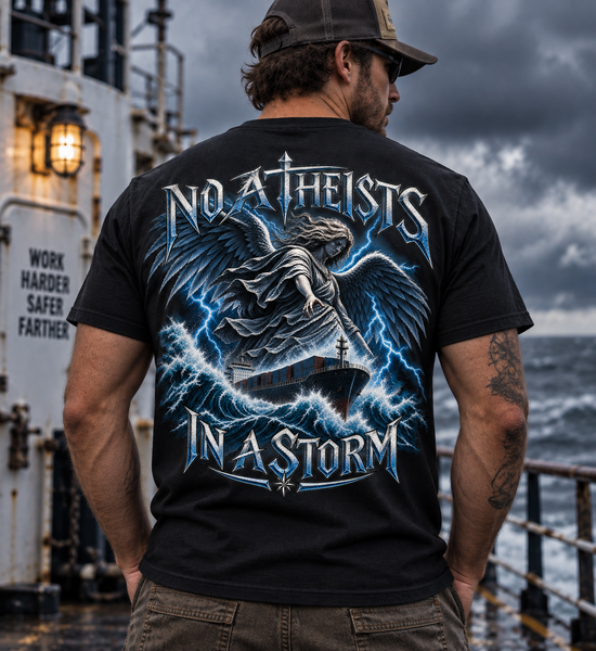 No Atheists in a Storm merchant mariner back-print T-shirt with ship and guardian angel