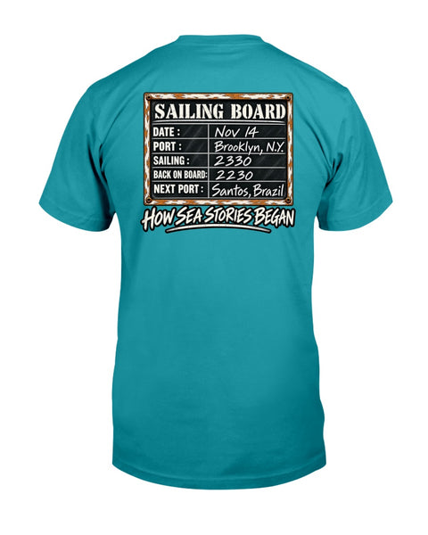Sailing Board merchant mariner back-print T-shirt with How Sea Stories Began