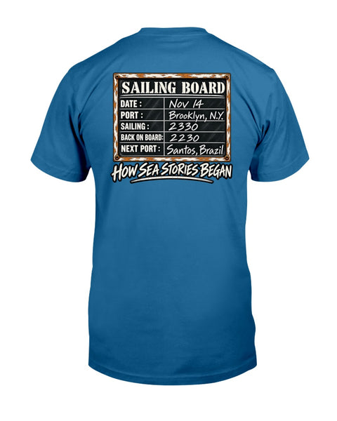 Sailing Board merchant mariner back-print T-shirt with How Sea Stories Began