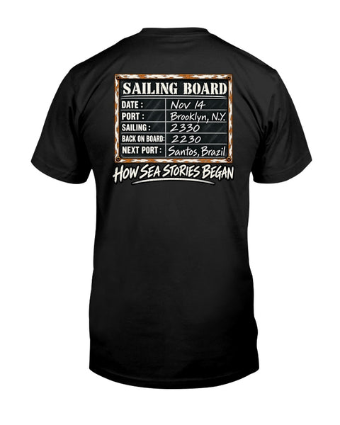 Sailing Board merchant mariner back-print T-shirt with How Sea Stories Began