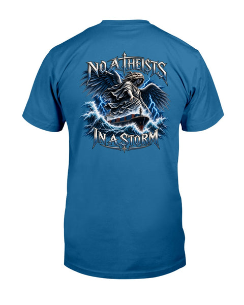 No Atheists in a Storm merchant mariner back-print T-shirt with ship and guardian angel