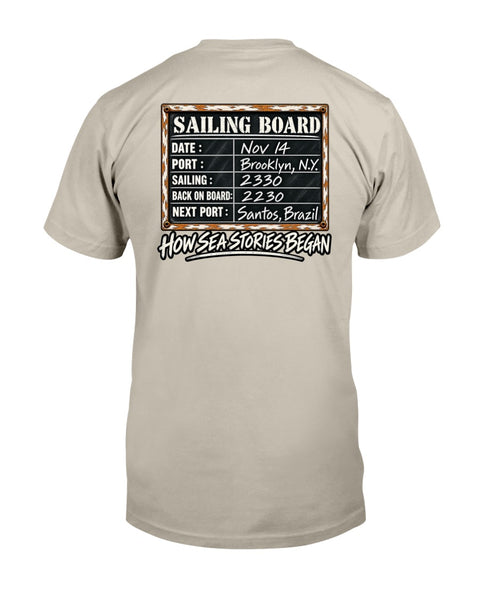Sailing Board merchant mariner back-print T-shirt with How Sea Stories Began