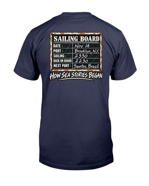 Sailing Board merchant mariner back-print T-shirt with How Sea Stories Began