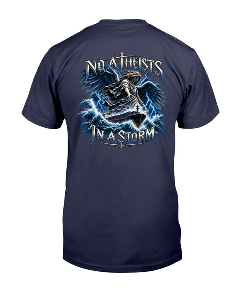 No Atheists in a Storm merchant mariner back-print T-shirt with ship and guardian angel