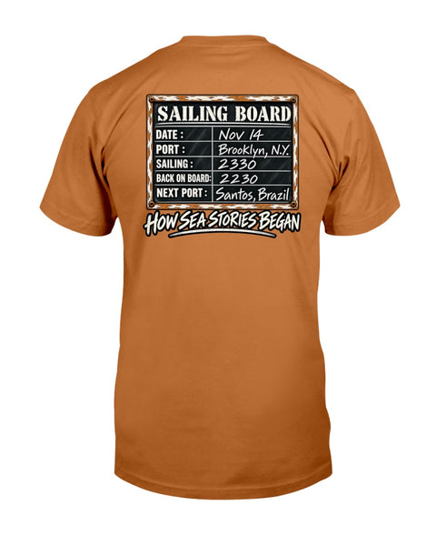 Sailing Board merchant mariner back-print T-shirt with How Sea Stories Began