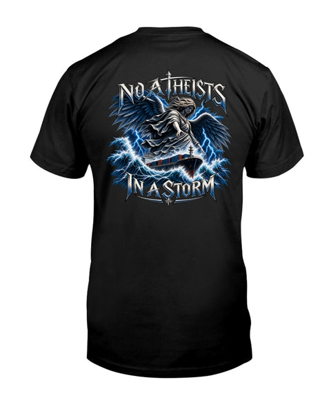 No Atheists in a Storm merchant mariner back-print T-shirt with ship and guardian angel