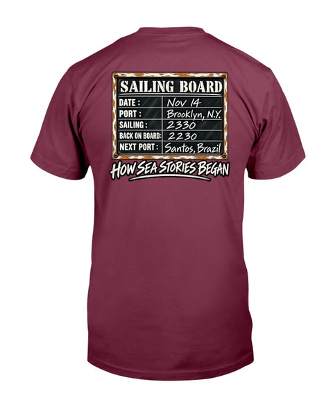 Sailing Board merchant mariner back-print T-shirt with How Sea Stories Began