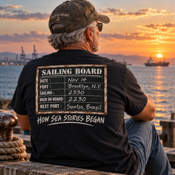 Sailing Board merchant mariner back-print T-shirt with How Sea Stories Began