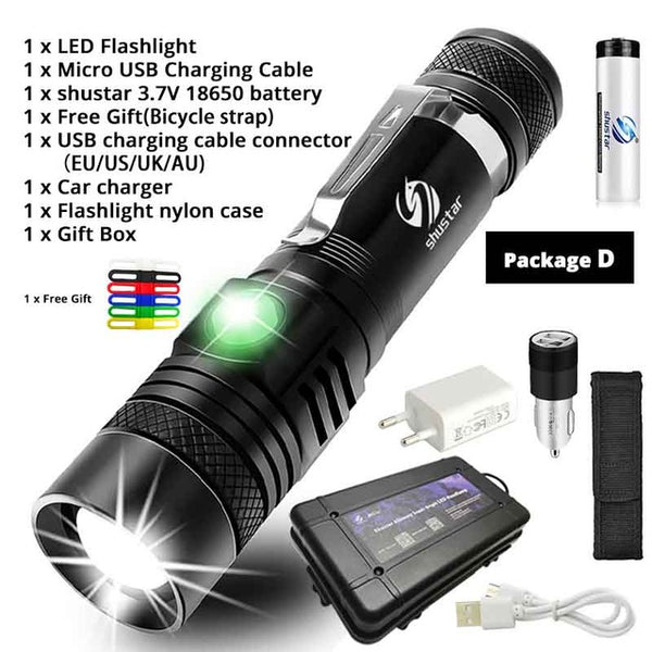 Ultra Bright LED Flashlight With XP-L V6 LED lamp beads Waterproof Torch Zoomable 4 lighting modes Multi-function USB charging