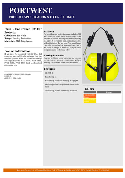 Port West PS47  High Visibility Ear Muffs (NRR 24dB)